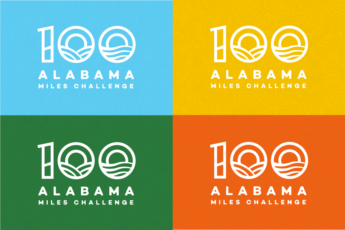 4 panel, white 100 AL MILES challenge logos on various color background that are overlayed onto a typographic pattern. The tile colors are blue, yellow, green and orange.