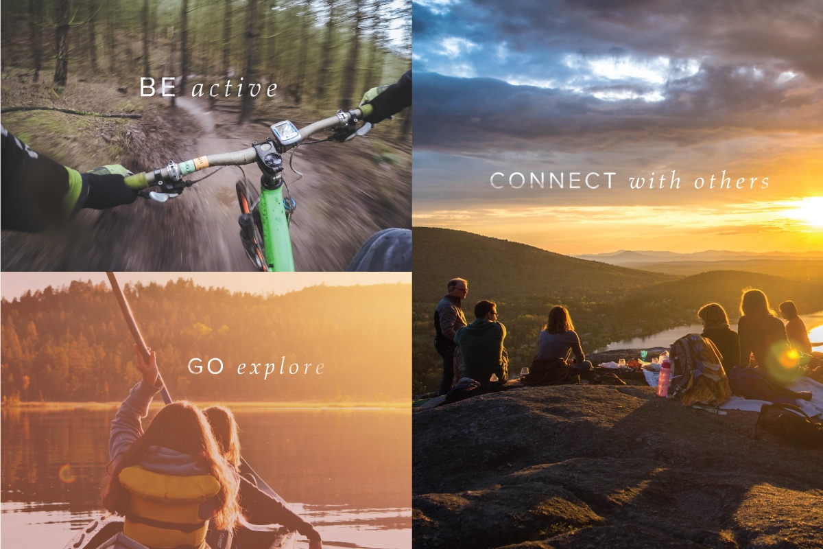 Images of people outdoors with brand messaging for 100 AL Miles. The messages read: Be active. Go Explore. Connect with others.
