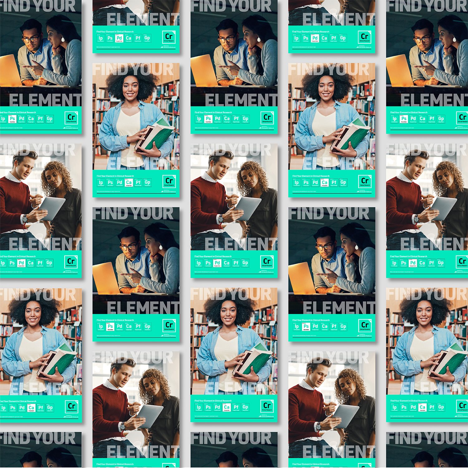 Cascading series of poster for the "find your element" campaign for ACRP.
