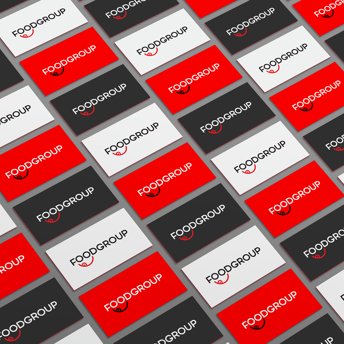 Large grid of foodgroup business cards. 3 versions: white, red and black.