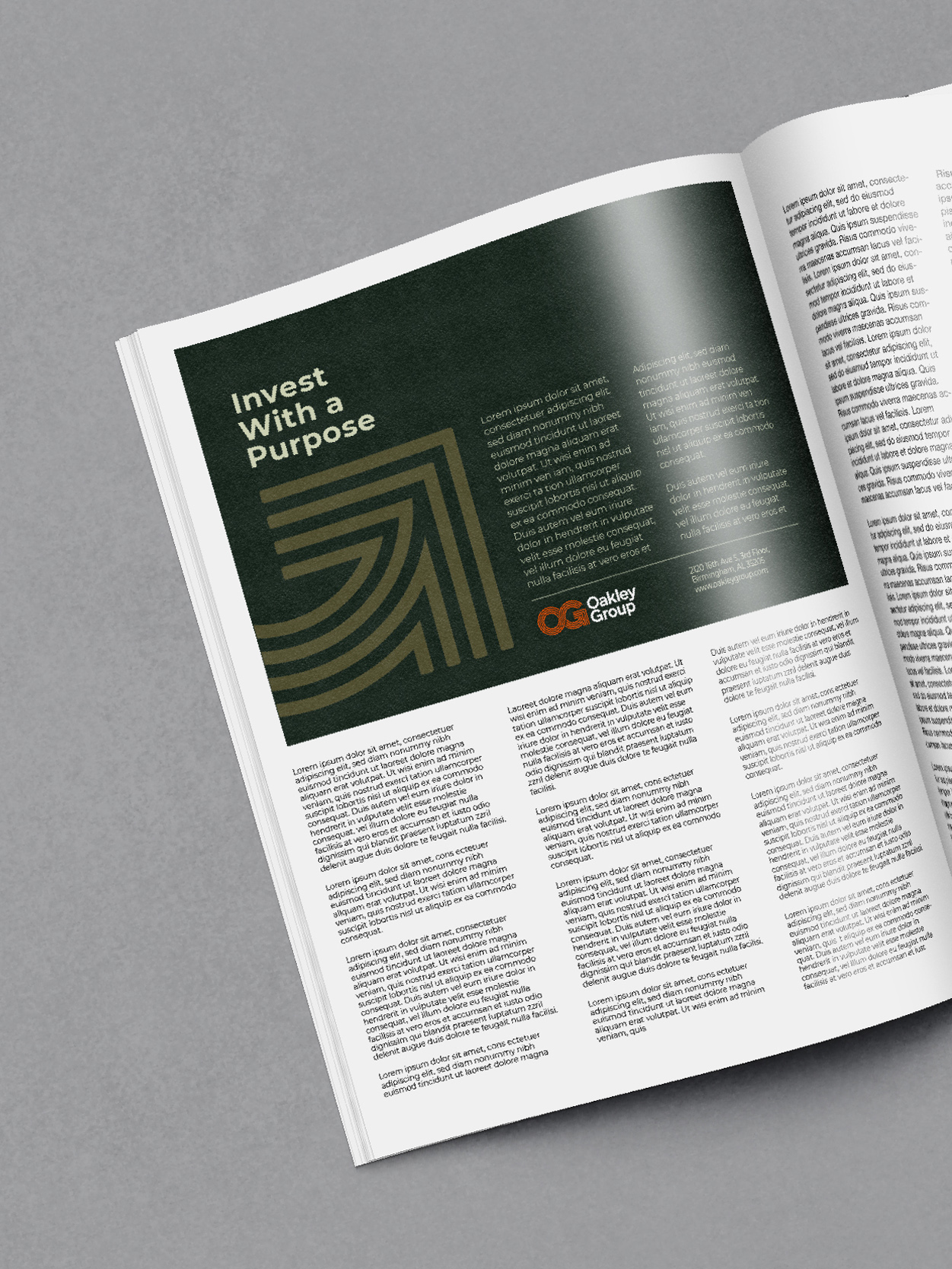 Ad mockup for Oakley Group showcasing the green, gold and orange branding. The major headline of the ad reads: Invest with a Purpose.