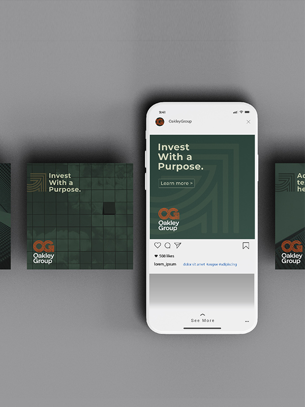 Mockup of an instagram carousel for Oakley Group. The headline reads: Invest with a purpose on all three carousel slides shown. The backgrounds of the images behind the type are textural or use the lines in the logo as a texture on a green background.