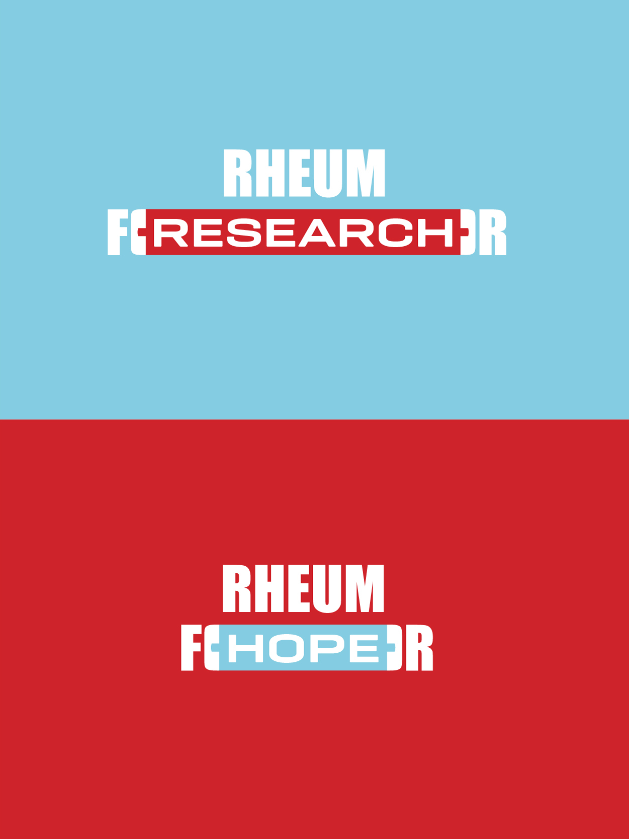 Rheum for campaign dynamic logo. Two versions of the logo are shown. One reads: Rheum For Research. The other reads Rheum For Hope. They are on interchangeable red and blue backgrounds with white text.