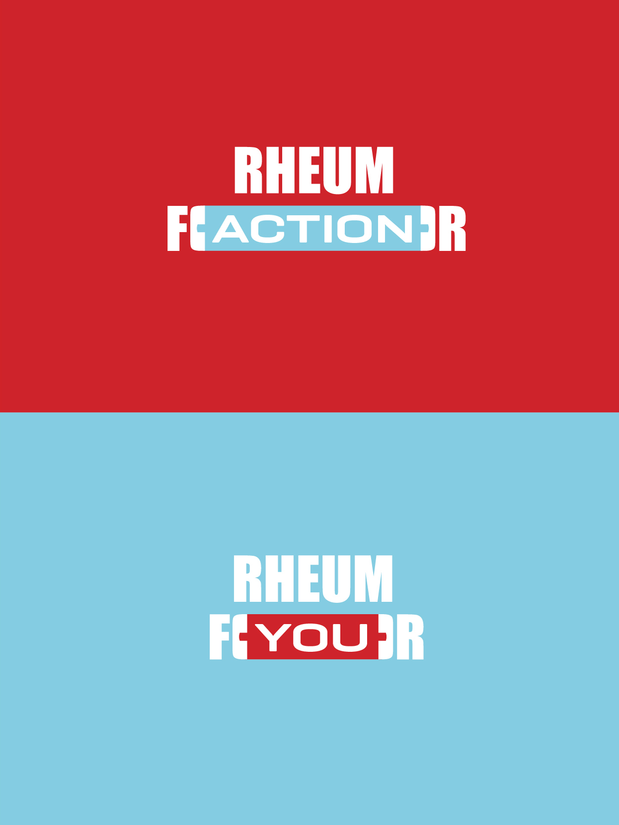 Rheum for campaign dynamic logo. Two versions of the logo are shown. One reads: Rheum For Action. The other reads Rheum For you. They are on interchangeable red and blue backgrounds with white text.