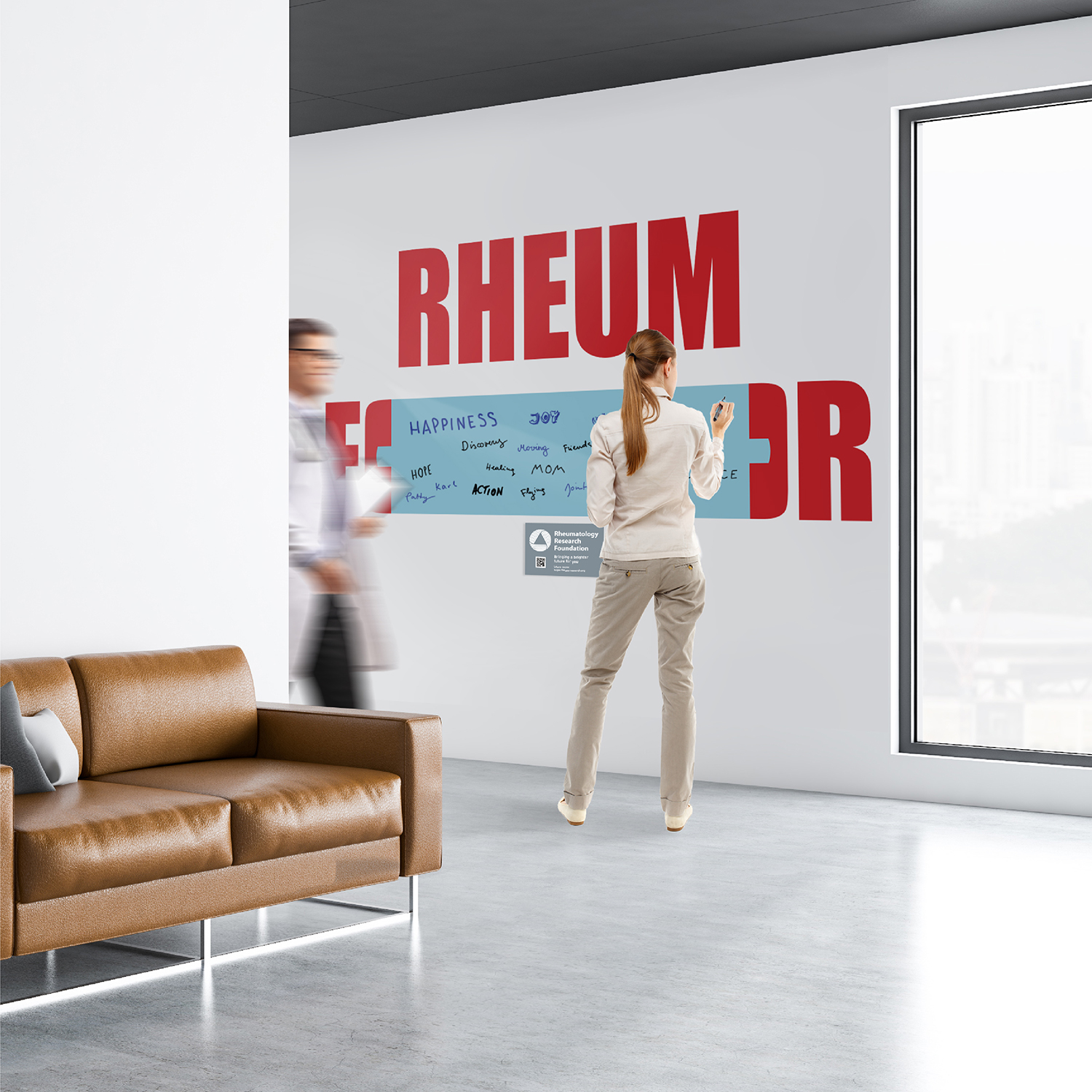 Interactive wall graphic for the Rheum for campaign. White wall in a doctors office with red text. The word "for" is divided at the "o" so that people can write what they have room for in their lives now because of treatment and research.