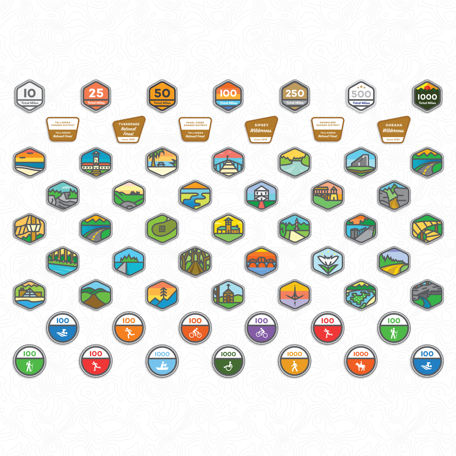 Large grid of various online badges created for the 100 AL MILES challenge.
