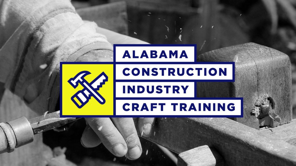 Man hands working on wood with the Alabama Construction Industry Craft Training logo