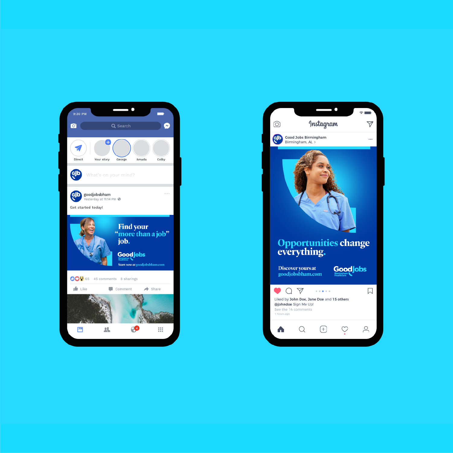 Advertisement mockups on social channels in good jobs branded look and feel. The text on the first ad reads "find your more than a job, job." and the second reads "opportunities change everything."